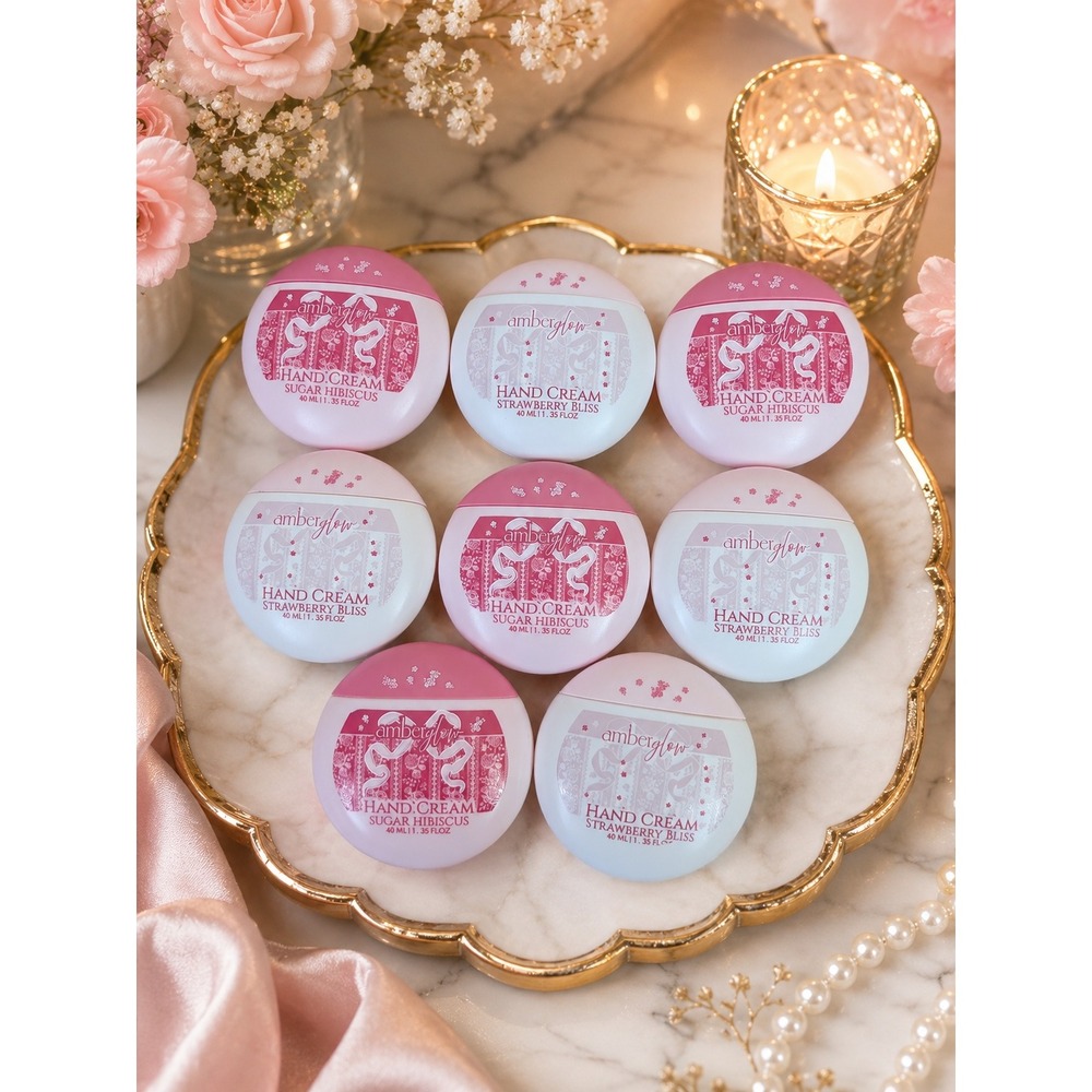 8 PK Amber Glow Hand Cream - Sugar Hibiscus & Strawberry Bliss 1.35 oz each